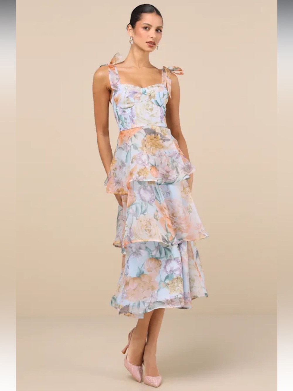 NWT Lulus Playfully Posh Blue Floral Organza Tie-Strap Tiered Midi Dress size L